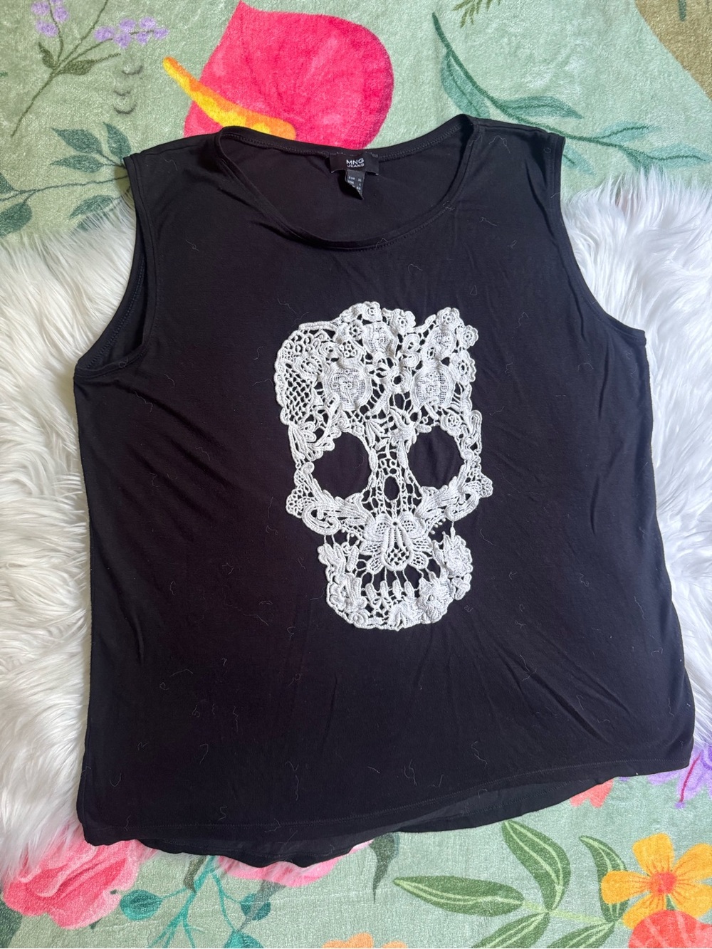 Mango Black Sleeveless Tank with White Lace Skull Applique